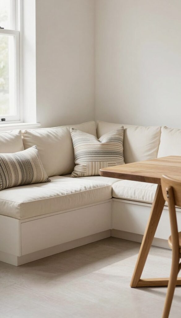 Cozy kitchen nook with built-in cushioned banquette, throw pillows, and natural light