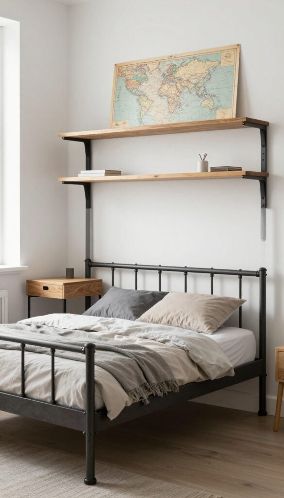 Industrial style teen bedroom with metal bed frame, wooden desk, open shelving, and vintage map wall art in bright natural light.