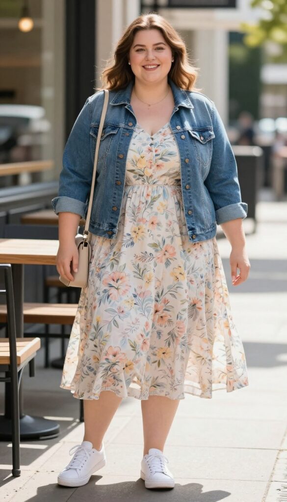 A plus-size woman wearing a denim jacket over a flowy midi dress with sneakers and a crossbody bag, styled in a 90s fashion look for casual outings.