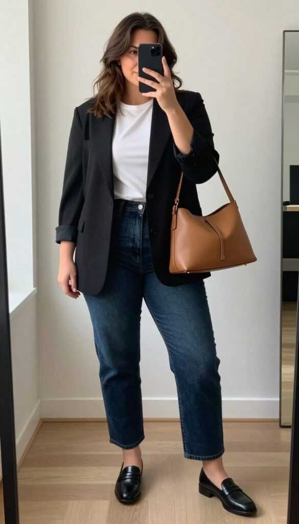 Plus-size woman taking a mirror selfie wearing straight-leg jeans, an oversized blazer, and loafers, with a structured handbag.