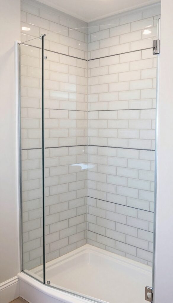 Walk-in shower with light tiles and dark grout for contrast in a bright, clean bathroom setting.