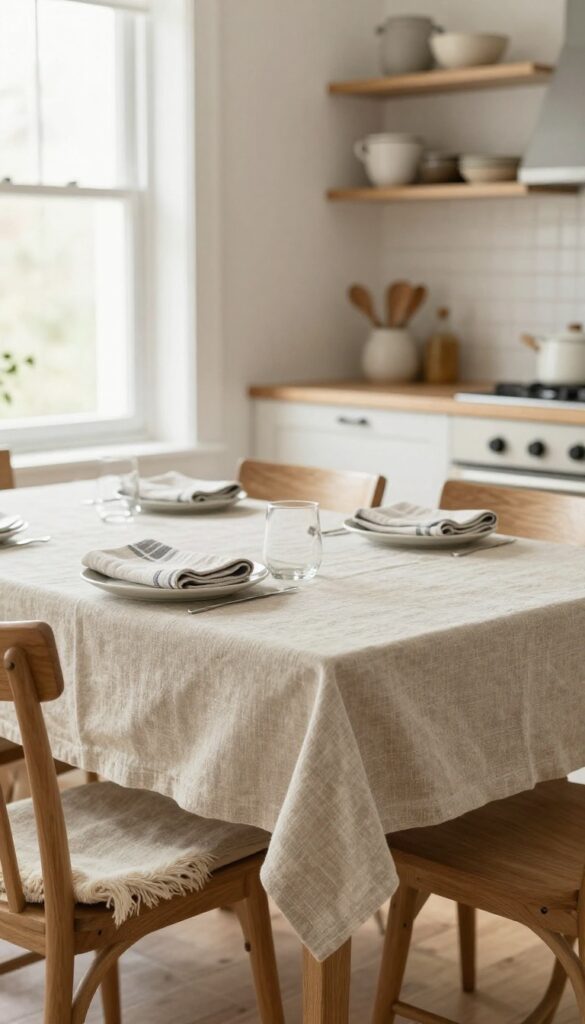 Cozy kitchen diner with soft textiles on the table and chair, warm natural light.