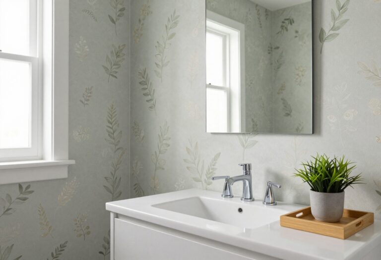 A guest bathroom styled with soft botanical wallpaper, showcasing a calm and intentional design for small spaces.