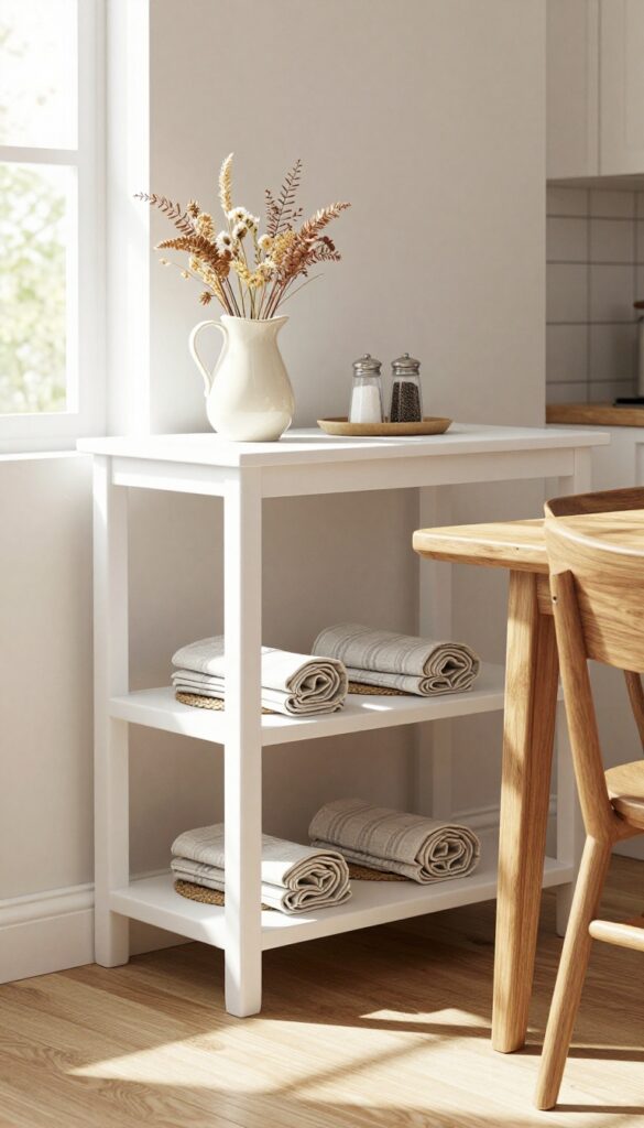 Slim white console table in kitchen-dining area with decor and storage