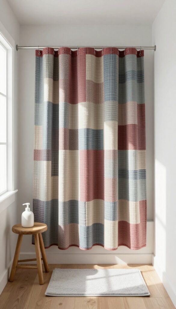 Farmhouse bathroom with patchwork quilt pattern shower curtain in muted reds, blues, and creams