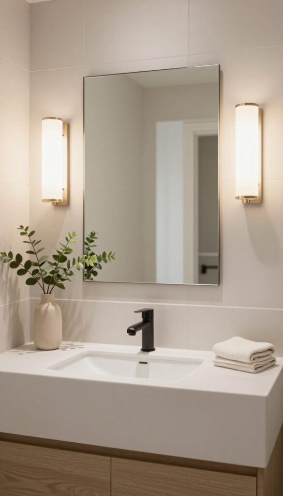Bathroom vanity with dimmable LED lighting in natural light, showing adjustable brightness for grooming and relaxation.