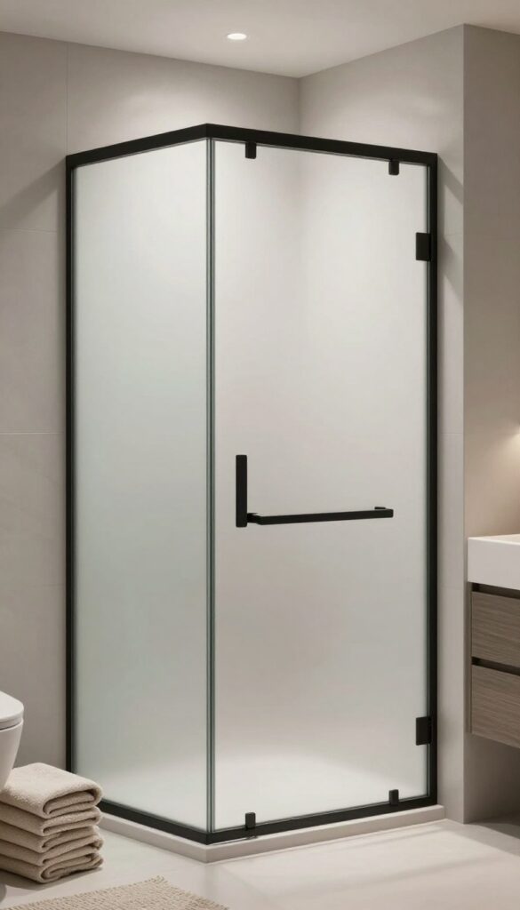 Frosted glass shower door with matte black frames in a contemporary bathroom, showcasing privacy and style with natural light and clean design.