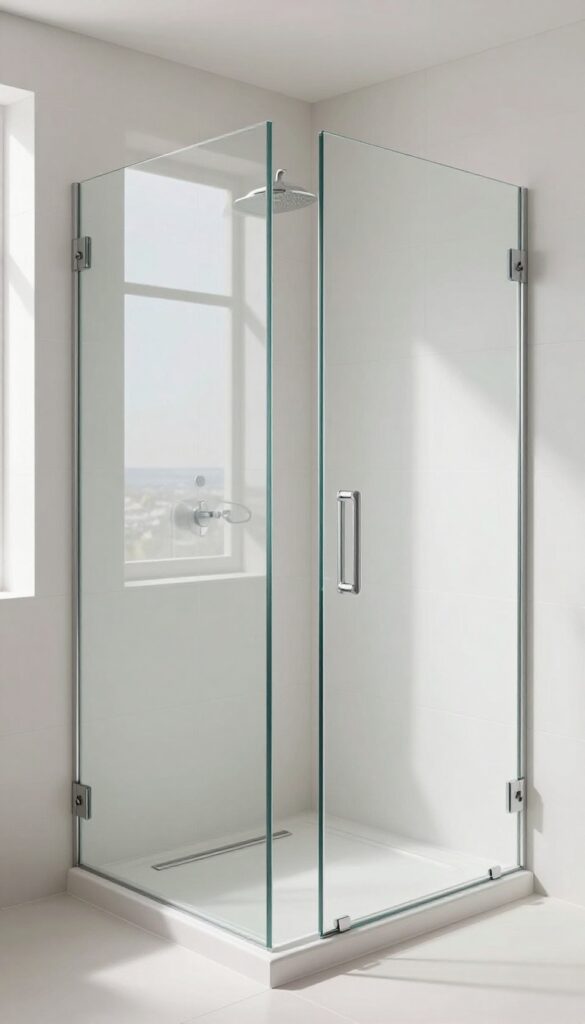 Frameless glass shower panel creating seamless flow in a bright bathroom with large white tiles and natural light.