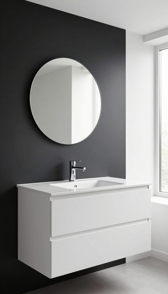 A bathroom with a black accent wall behind a white vanity, showcasing bold style in home decor.