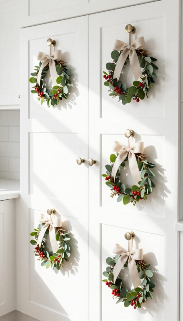 Kitchen island cabinet knobs decorated with small grapevine wreaths featuring eucalyptus and red berries