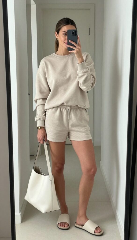 Millennial mom in a beige matching lounge set with a structured tote bag and neutral slides, taking a mirror selfie in bright natural light.