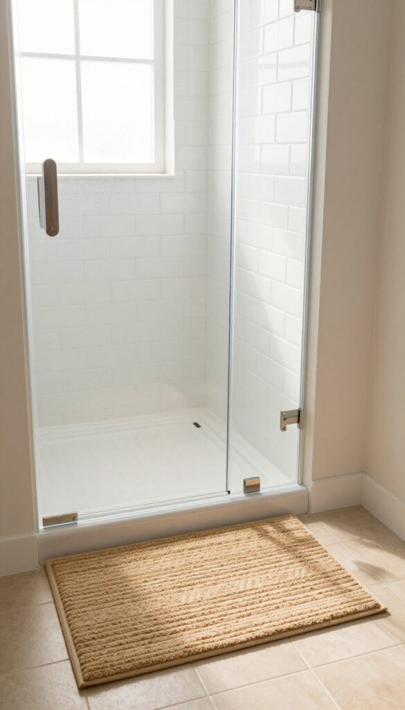 Cozy small shower room with plush oatmeal shower mat on white tile floor