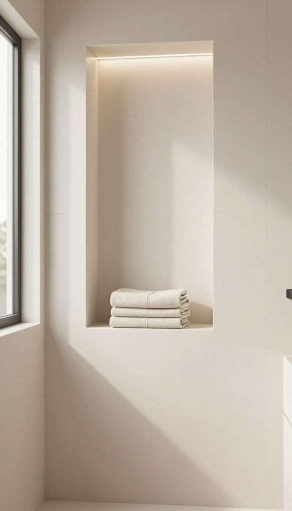 A built-in towel niche in a modern bathroom with recessed storage for neatly folded towels, featuring matching tile and LED lighting for a clean, uncluttered look.