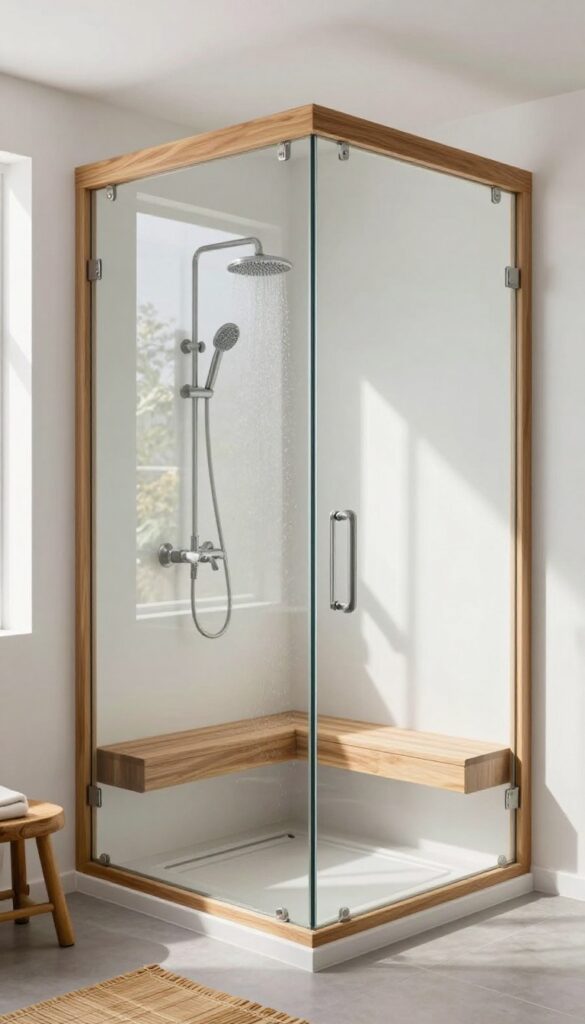 Modern bathroom with a wood and glass shower screen, teak frame and accent strip, clear glass panels, rainfall showerhead, natural light, spa-like atmosphere.