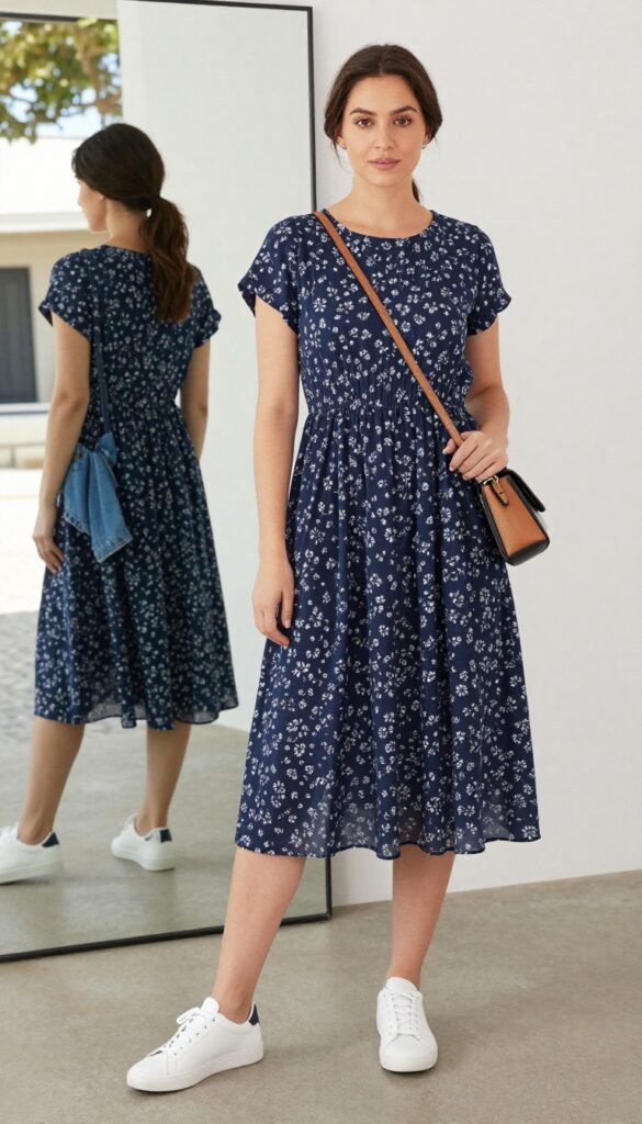 A woman wearing a midi dress with sneakers for summer travel, styled with a crossbody bag and minimal accessories, in an outdoor vacation setting.