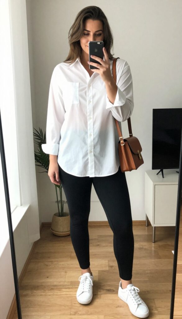Plus-size woman in white longline button-down shirt and black leggings taking a mirror selfie, showcasing a polished yet comfortable casual outfit.