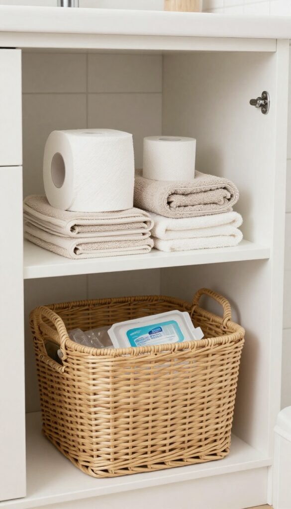 A guest bathroom with an open woven basket holding neatly folded hand towels and toilet paper for accessible storage.