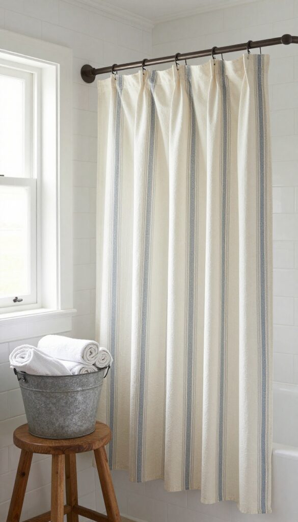 Farmhouse bathroom with vintage grain sack reproduction shower curtain in faded blue stripes on off-white cotton, dark metal rod, white tile walls, wooden stool, galvanized bucket with towels.