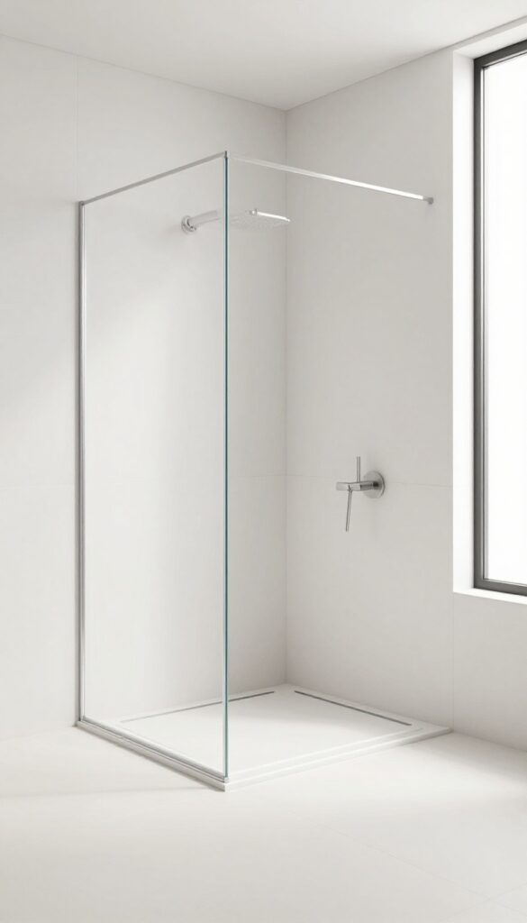 A modern curbless walk-in shower with a linear drain in a bright, spacious bathroom, showcasing barrier-free design and minimalist style.