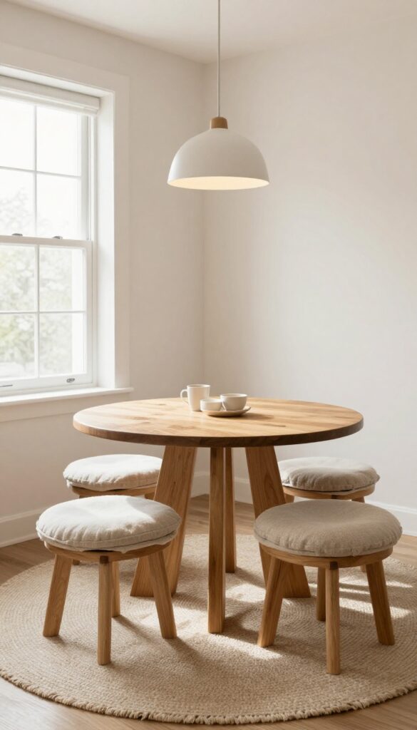 Cozy breakfast nook in kitchen with round table, trapdoor benches, wool rug, and warm pendant light.