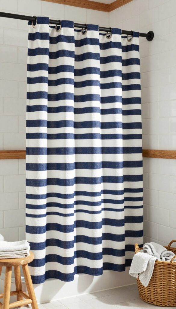 Cozy bathroom with navy and white striped awning-style shower curtain, matte black rod, white tiles, wood stool with towel, woven basket, bright natural light.