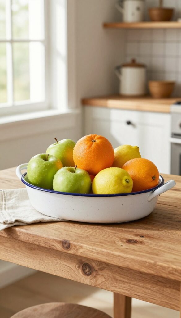 Vintage enamelware tray filled with green apples, oranges, and lemons on a rustic wooden kitchen island.