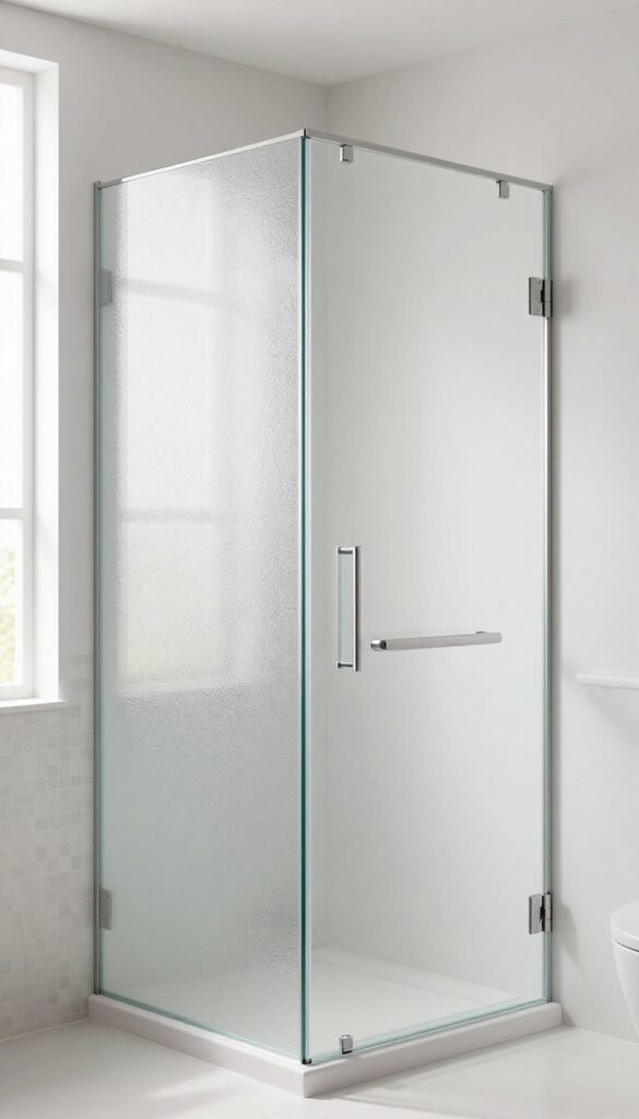 A modern bathroom shower door with frosted glass and clear accents for privacy and style, showcasing visual balance in natural light.