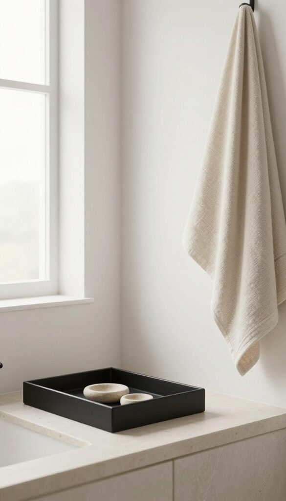 A serene spa bathroom with a neutral color scheme of warm whites, beiges, and stone tones, showcasing layered textures and minimalist decor for a calm retreat