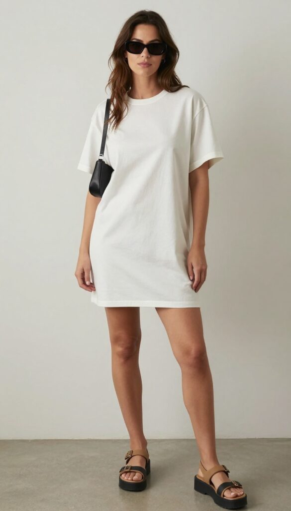A woman wearing an oversized tee dress and chunky sandals for a cozy summer outfit, styled with a mini backpack, sunglasses, and hoop earrings in a bright outdoor setting.