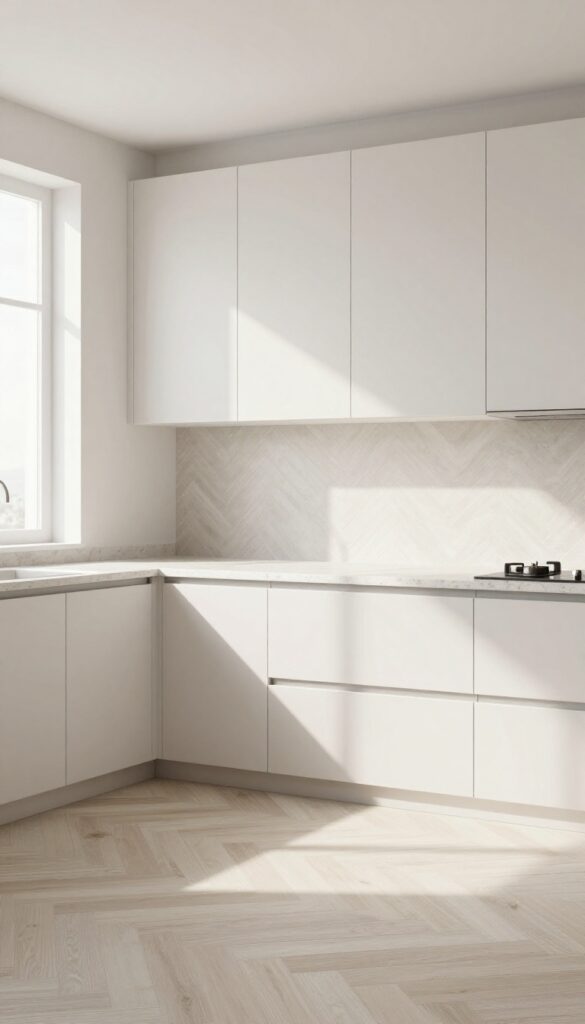 Modern kitchen with subtle patterned backsplash in neutral tones, herringbone design, solid countertops, natural light