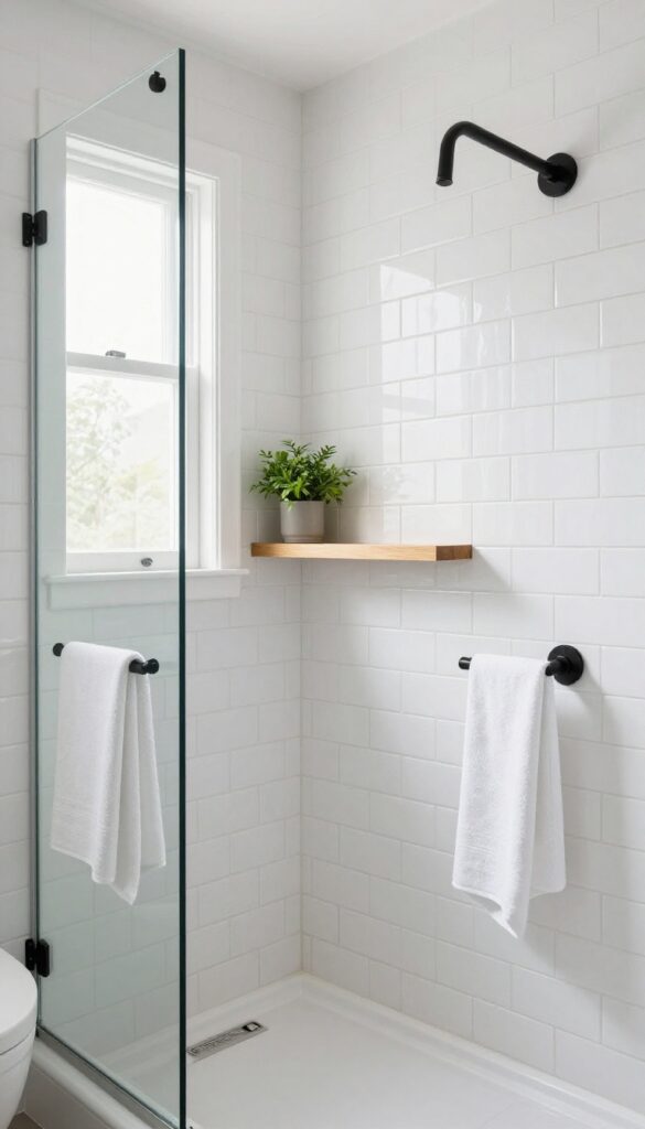 Pony wall with textured white subway tiles and dark grout in a bright bathroom