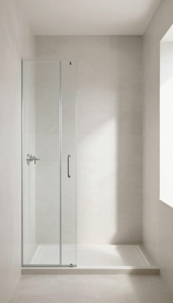 A small walk-in shower bathroom featuring light-colored tile walls in soft white or pale gray tones that reflect natural light to make the space appear larger and more open.