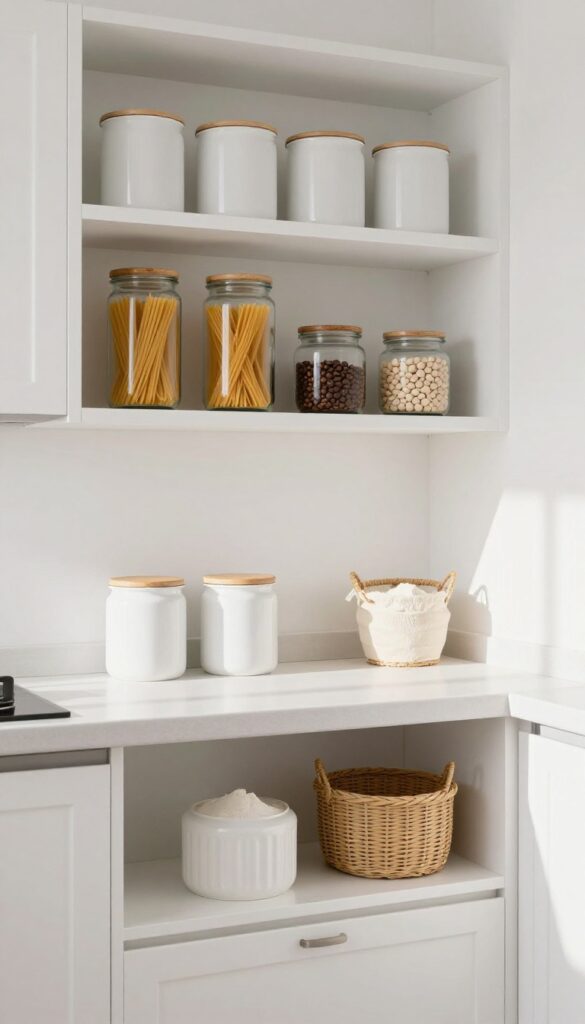 Open shelving in a bright kitchen with organized glass jars and woven baskets