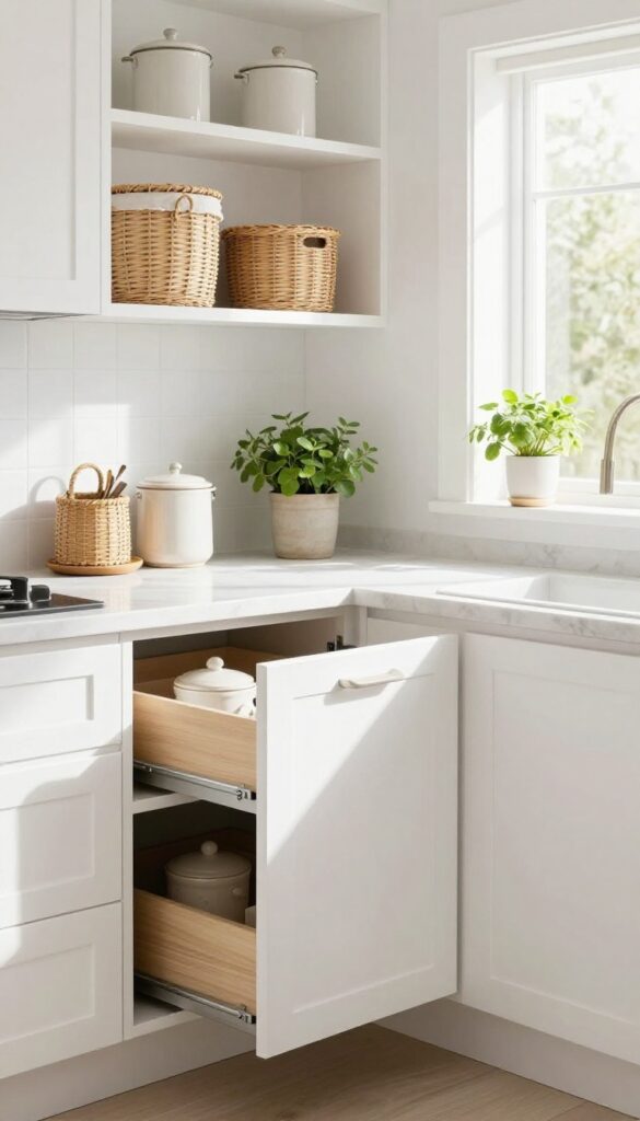 A clean, organized kitchen with hidden storage solutions like baskets and canisters, bright natural light.