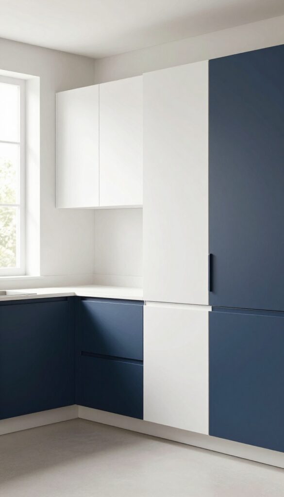 Modern kitchen with color-blocked cabinet doors in soft white and deep navy blue, natural light, clean composition.