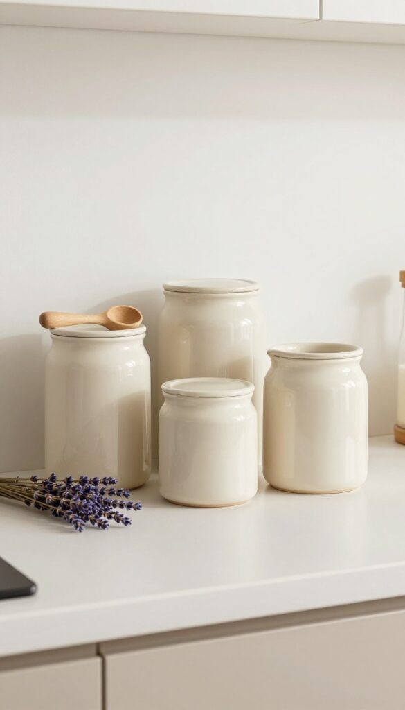 Three matching cream ceramic canisters on a kitchen countertop with wooden scoop and dried lavender