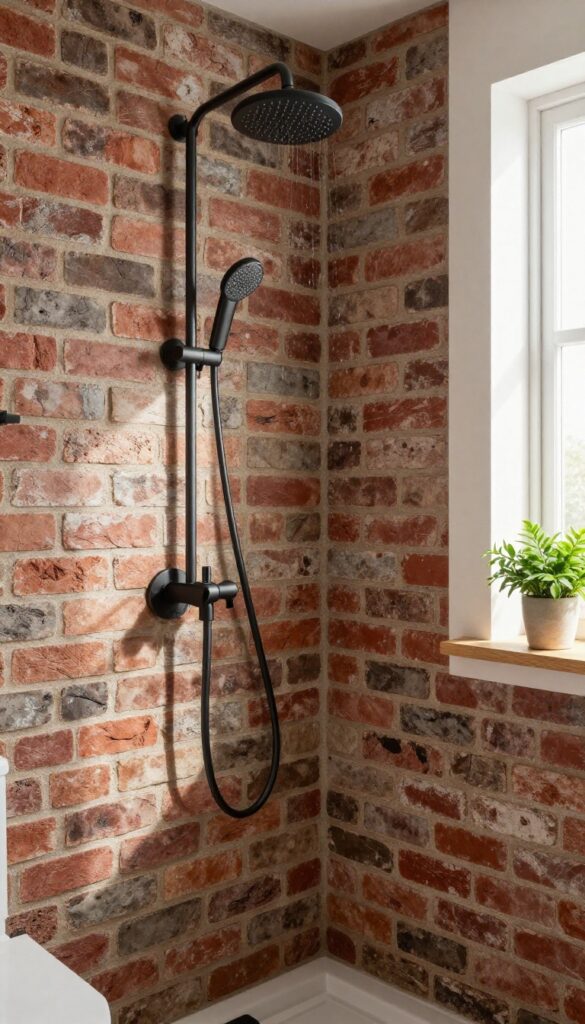 Shower with reclaimed brick backsplash adding industrial charm