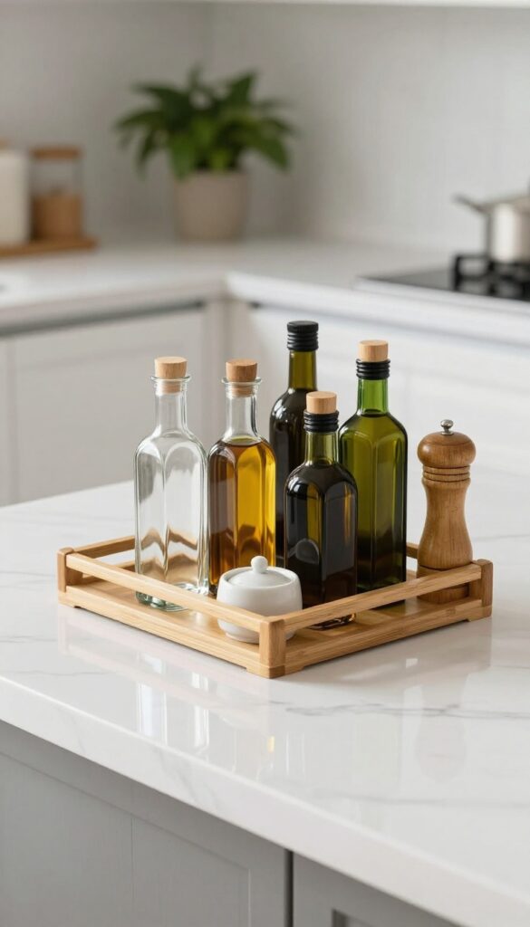 Bamboo tray with built-in bottle rack holding oil bottles on a marble countertop in a bright kitchen