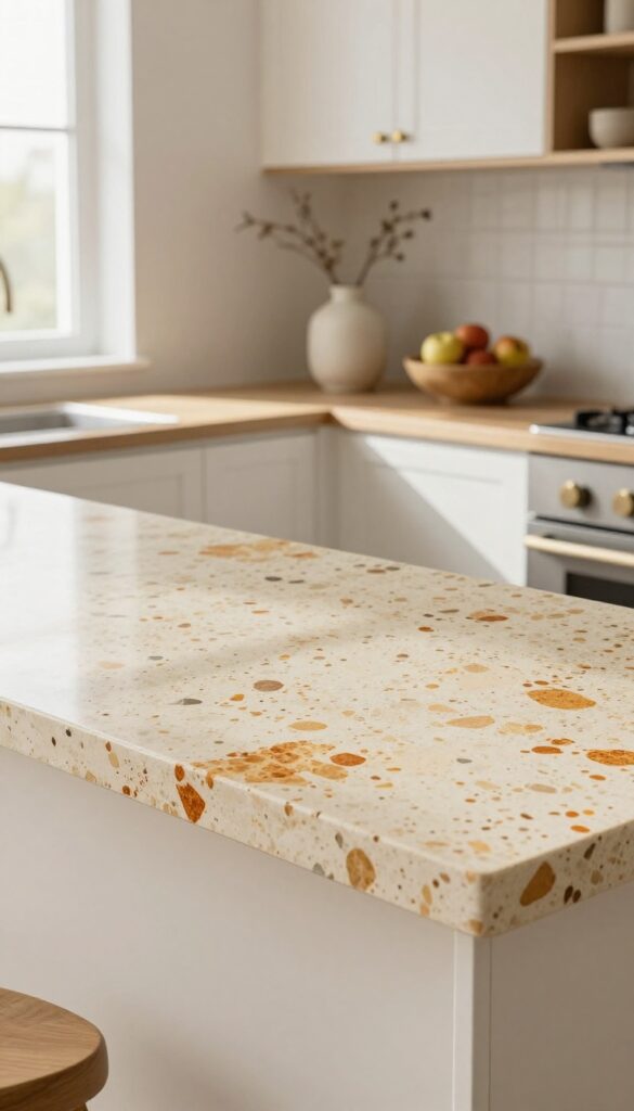 Warm terrazzo countertop with speckles in a bright kitchen with white cabinets and brass hardware.