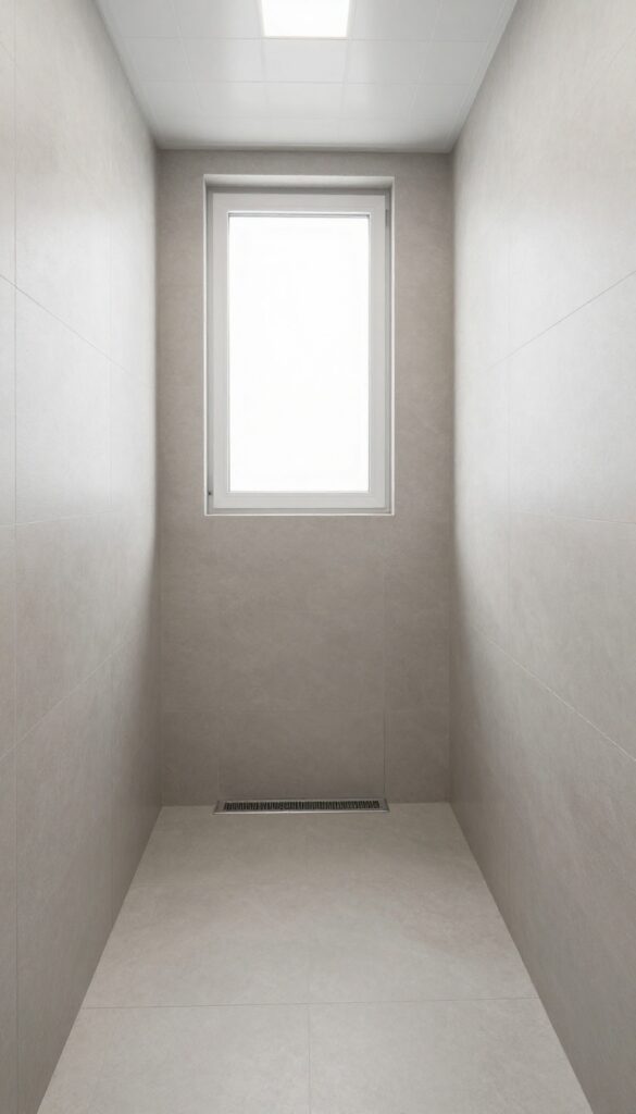 Walk-in shower with large vertical stacked tiles and linear drain