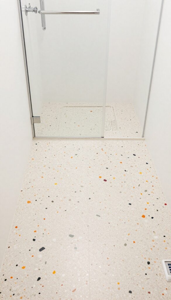 Close-up of a walk-in shower floor with terrazzo-style tiles featuring colorful speckled patterns in a bright bathroom setting.