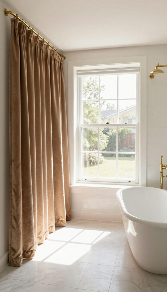 Floor-length velvet shower curtain pooling on bathroom floor over glass door, warm brass fixtures, natural light.