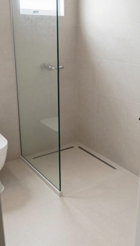 A curbless shower design in a small bathroom with seamless flooring, large neutral tiles, and a frameless glass panel for easy access and a spacious look.