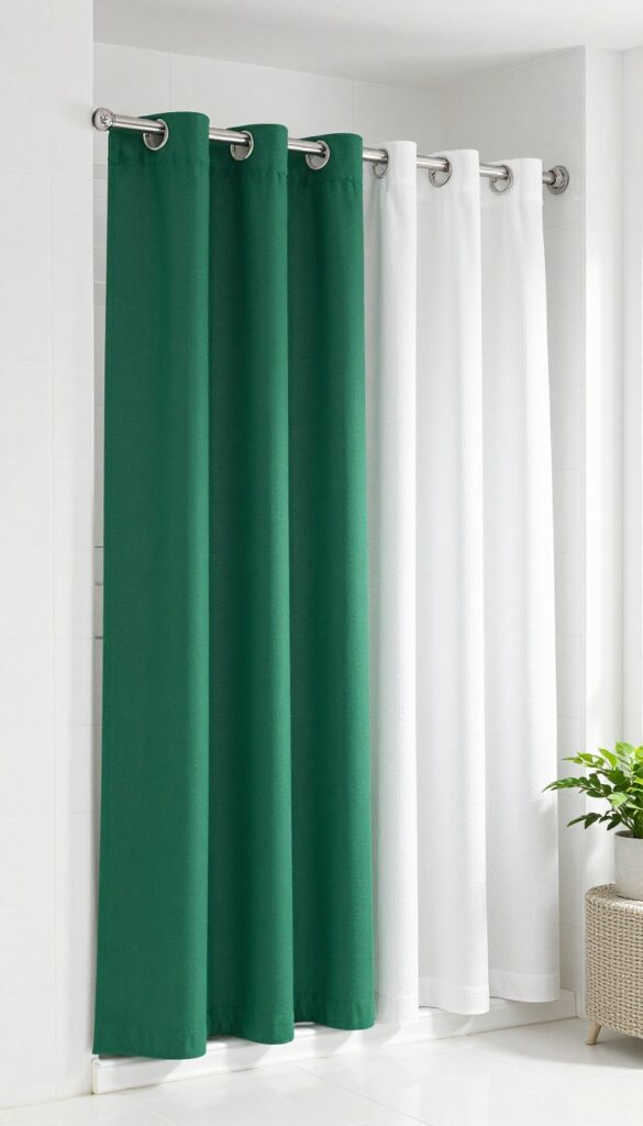 Two-tone shower curtain with dark green inner panel and white outer panel in a bright bathroom