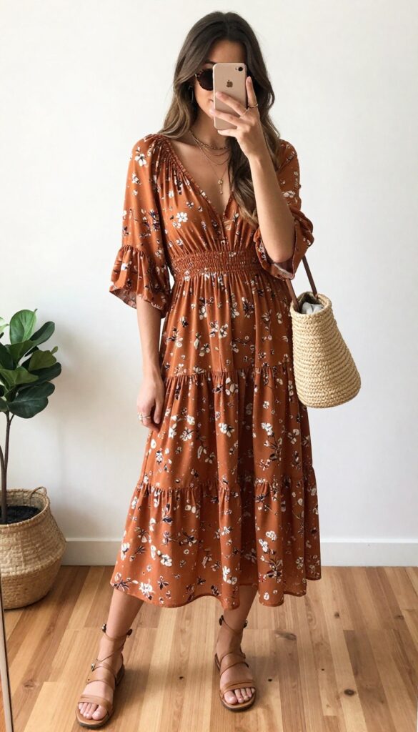 Woman in boho floral midi dress with straw bag and sandals, taking a mirror selfie.