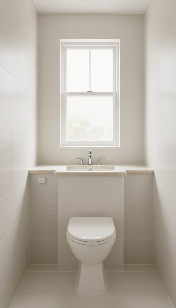 A bright bathroom with a tile-capped half wall separating the toilet and vanity areas.