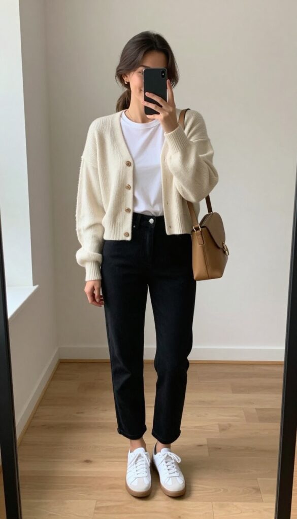 Woman in cream long cardigan, white tee, black straight pants, and white sneakers taking a mirror selfie.