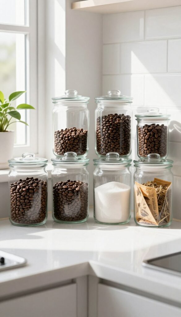 Clear glass canisters on a kitchen counter for coffee storage