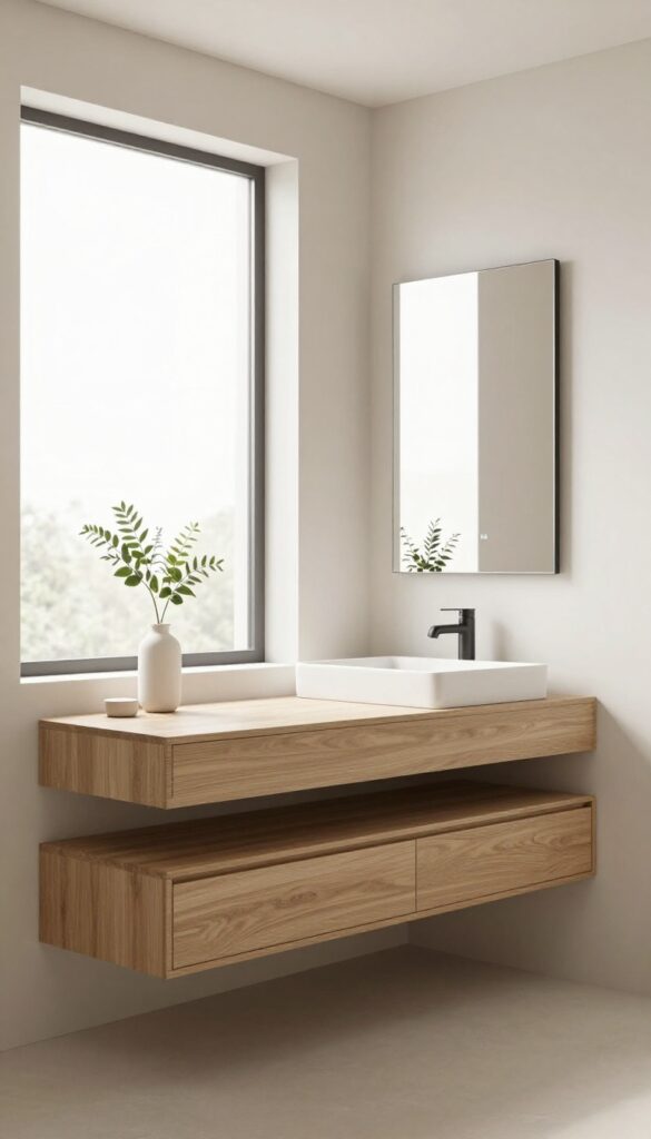 A modern bathroom with a floating oak vanity, showcasing clean lines and open floor space for a light and airy aesthetic.