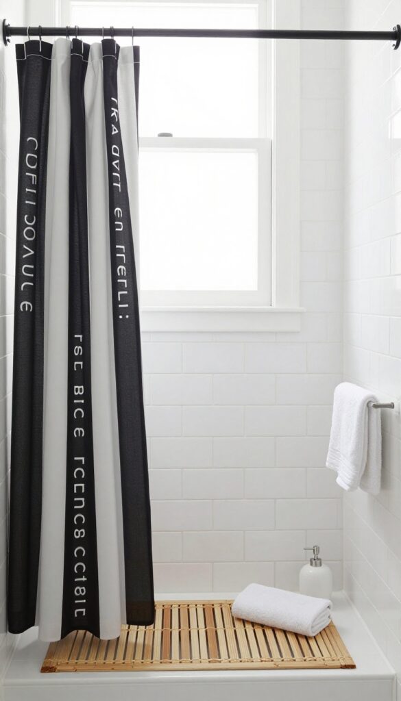Minimalist bathroom with graphic typography shower curtain
